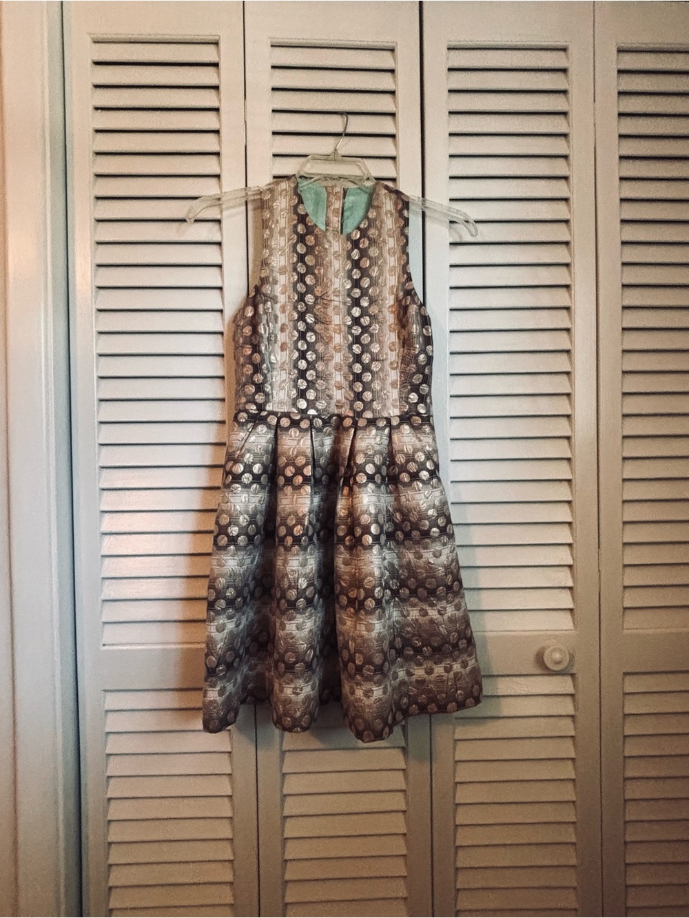 Cocktail Wedding Party Metallic Patterned Fit & Flare Dress in Gold Gray Cream